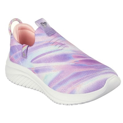 A kids' sneaker with a purple, blue, and white print and a white sole 