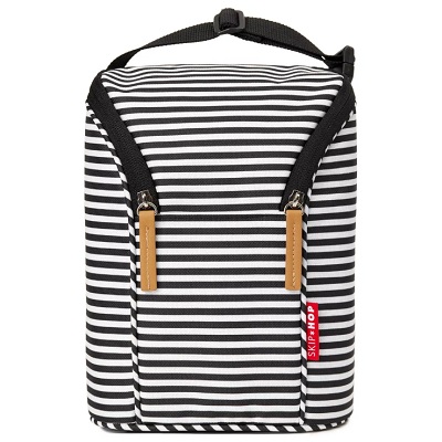 A black-and-white striped cooler bag for breast milk and bottles