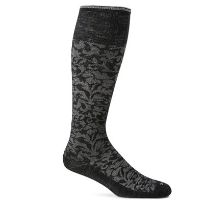 A black-and-gray patterned compression sock