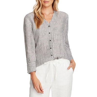 A woman wearing a Striped Button-Front Linen Top