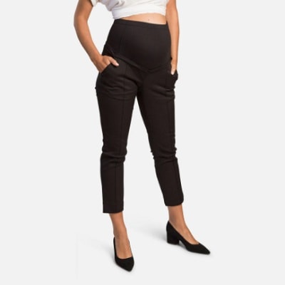 Woman wearing black maternity pants for work
