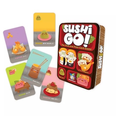 A box of the card game Sushi Go! next to five of its cards