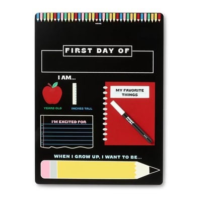 A first day of school chalkboard with spaces to write age, height, favorite things, grade, future job plans, and things the student is excited for