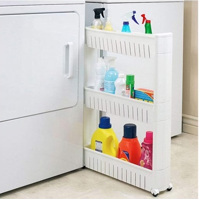 A narrow white plastic rack between a washer and dryer. It's filled with laundry products.