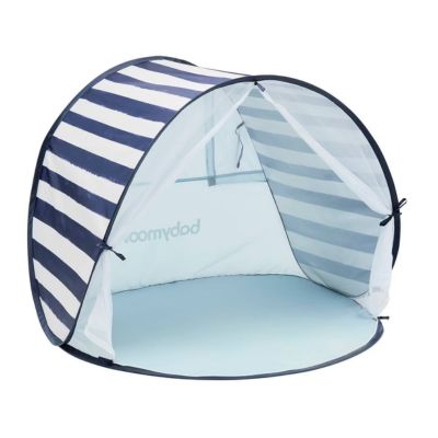 A navy-and-white striped beach tent for babies