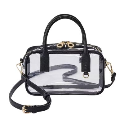 A clear crossbody bag with black faux-leather trim and strap, and gold-tone hardware