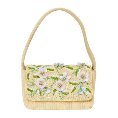 A yellow beaded handbag with a flower design