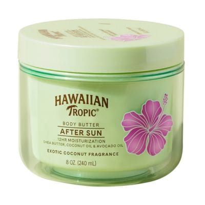 A green container of Hawaiian Tropic Exotic Coconut Aftersun Body Butter, decorated with a pink hibiscus