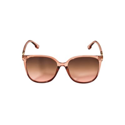 A pair of tinted sunglasses with pink frames