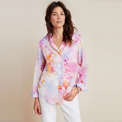 A woman wearing a Cate Classic Tie-Dyed Buttondown