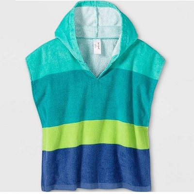 A toddler hooded cover-up with blue and green stripes