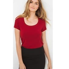A woman wearing a Soft Touch Scoop Neck Tee.
