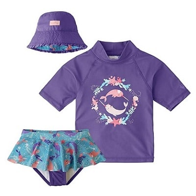 A purple three-piece swimsuit for kids -- has designs with narwhals 
