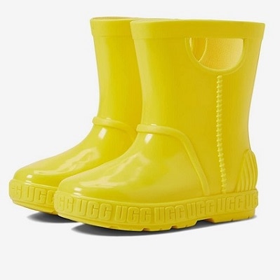 A pair of bright yellow kids' rain boots with the Ugg logo around the midsole