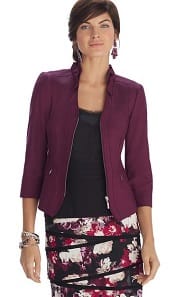 A woman wearing a Perfect Form Ponte Burgundy Jacket