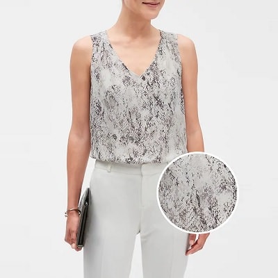 A woman wearing a  Snake-Print Pleated Shoulder Tank (ID 54353)