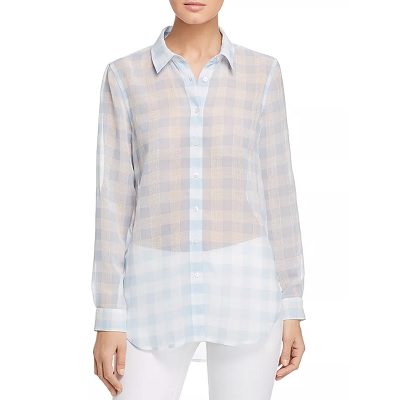 A woman wearing a Semi-Sheer Gingham Shirt