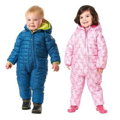 Two babies wearing Infant Snowsuits in blue and pink