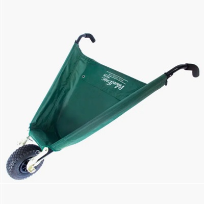 A green triangular folding wheelbarrow