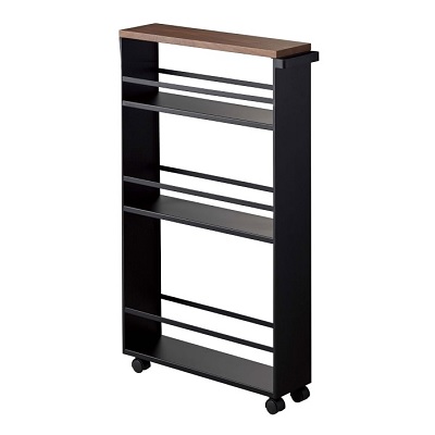 A black narrow rolling cart