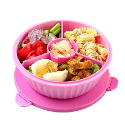 A pink bento box filled with food