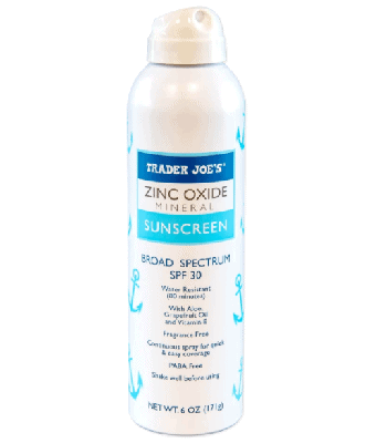 A white bottle of Trader Joe's Zinc Oxide Mineral Sunscreen Spray SPF 30