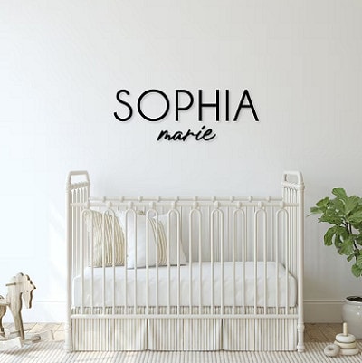 wooden sign above white crib reads "SOPHIA marie;" there is a rocking horse to the left of the crib and a plant to the right.