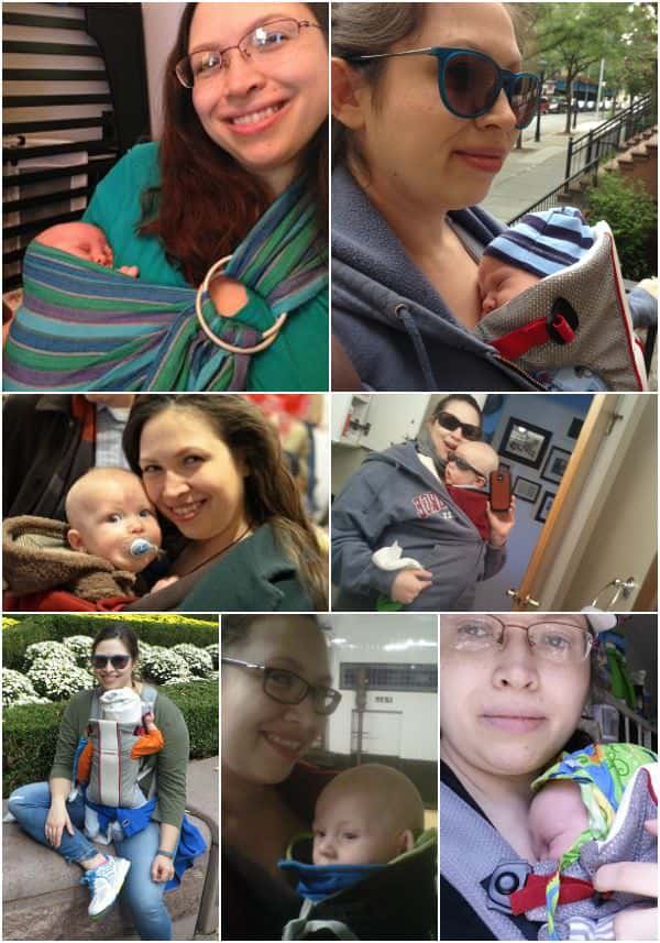 A collage of mom\'s with baby carriers