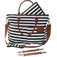 A Luliey Diaper Tote Bag Black & White Lines With Tan Trim