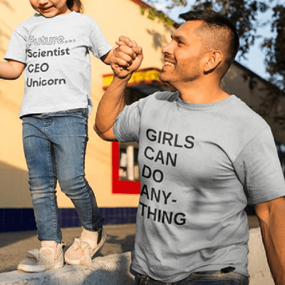 father and child wearing graphic tees