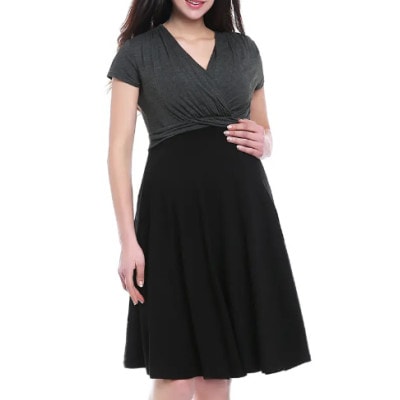 one of the best maternity dresses for the office in 2023: kimi & kai (colorblock wrap dress)