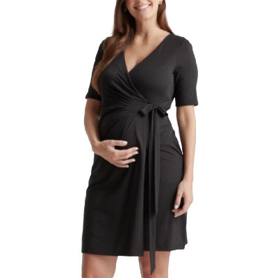 one of the best maternity dresses for the office in 2023: quince (wrap dress)
