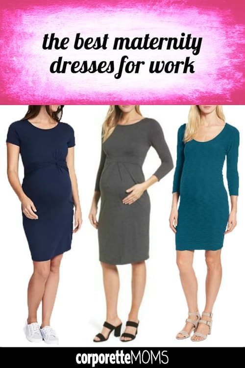 A collage of women wearing maternity dresses for work