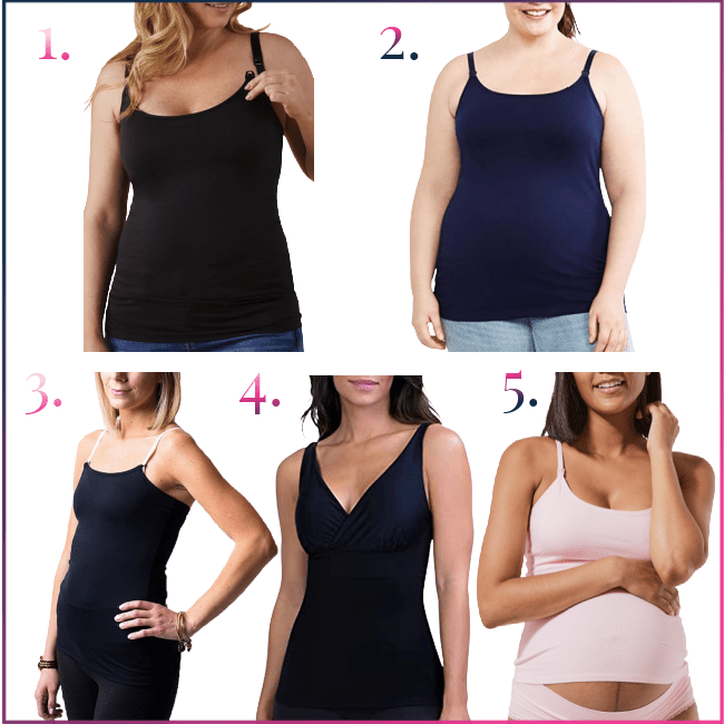 collage of 5 nursing camisole tanks: 1) black cotton, 2) plus-sized affordable navy 3) unusual affordable Undercover Mama tank, 4) compression Belly Bandit, 5) organic pink cotton nursing cami
