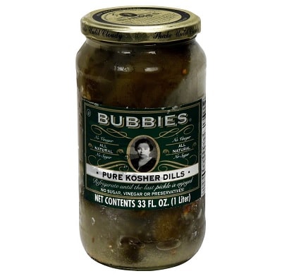A glass jar of Bubbies kosher dill pickles