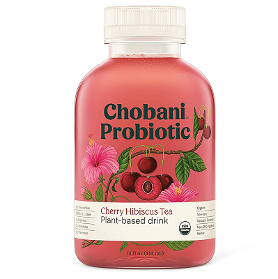 A container of Chobani Probiotic Cherry Hibiscus Tea