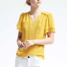 A woman wearing Easy Care Ruched-Yoke Top