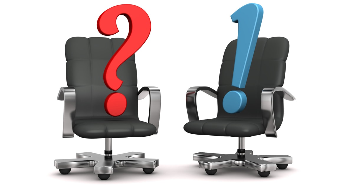 illustration of two black swivel chairs with a red question mark seated in one and a blue exclamation mark seated in the other