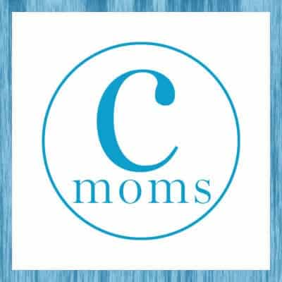 A blue circle with "Cmoms," surrounded by a blue striped square border