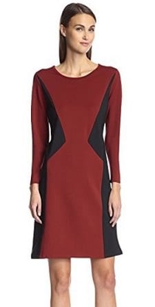 A woman wearing a Christine V Women\'s Ponte Colorblock Sheath Dress