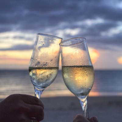 2 champagne glasses clinking; the ocean and sunset are in the distance