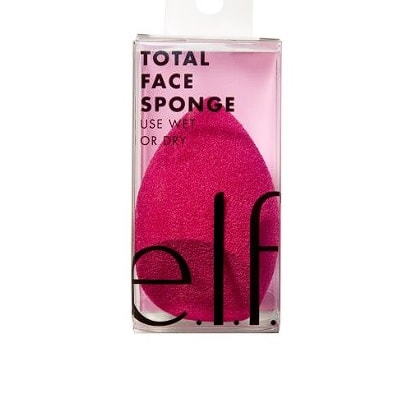 A pink makeup sponge from e.l.f. in a clear box with text 
