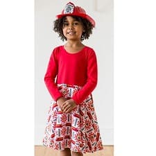 A kid wearing "Rescue Ready" Fire Engine Twirly Play Dress