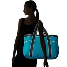 A woman carrying a blue Gym Tote