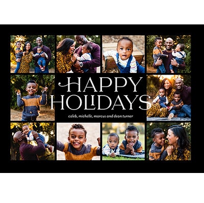 Shutterfly card that says "HAPPY HOLIDAYS" and has a collage of 10 pictures from a family's photo shoot