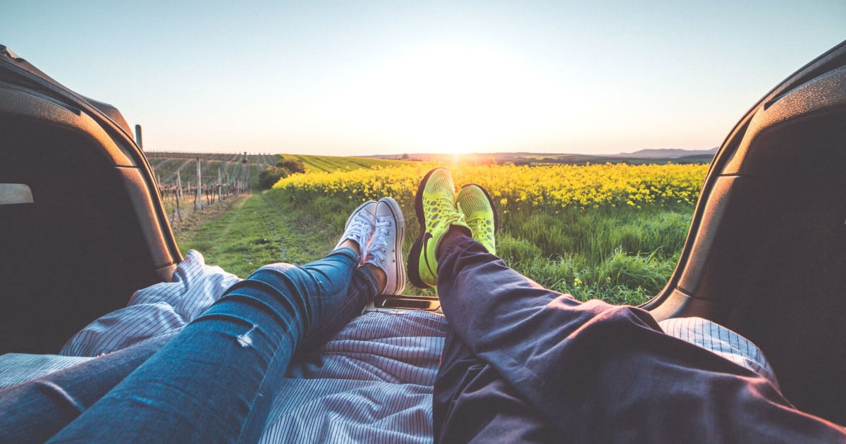 stock photo of a couple lounging in the hatch of a car looking at a field of daffodils