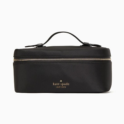 A black cosmetic bag with a gold-tone zipper and gold lettering that reads 