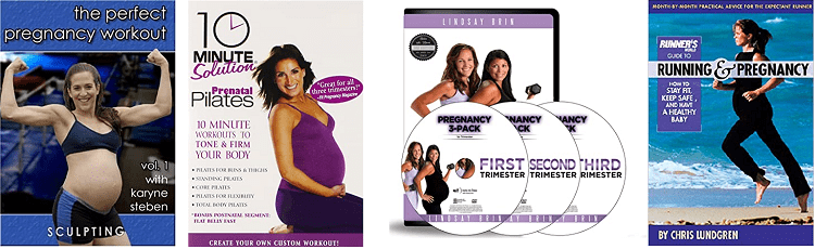 A collage of prenatal exercise DVDs
