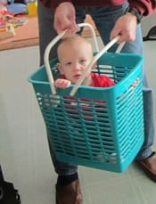 A baby in a shopping basket
