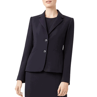 A lady wearing a black suit with front buttons
